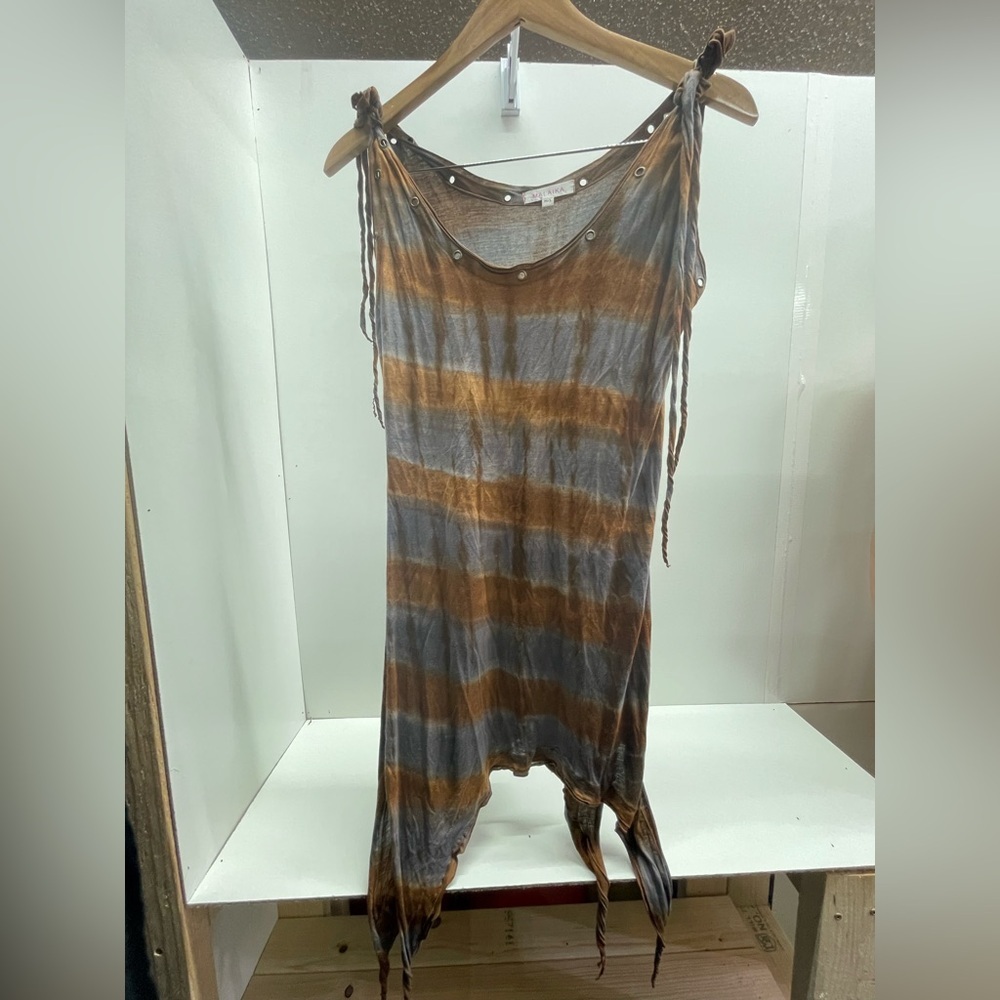 Boho Asymmetrical Tie-Shoulder Dress in‎ Brown and Gray